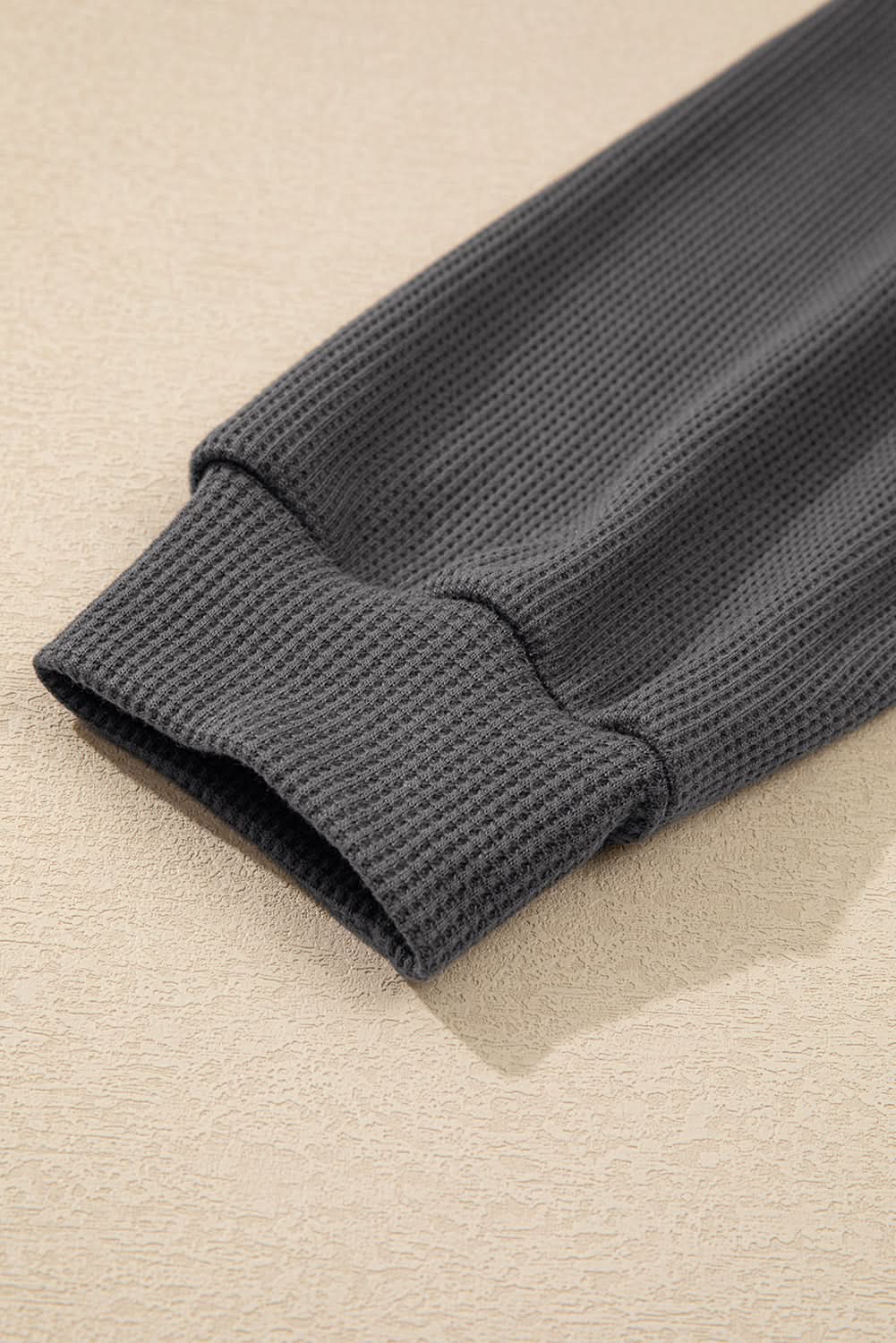 Dark Grey Waffle Colorblock Buttons Placket Drop Shoulder Drawstring Hoodie - Love Salve